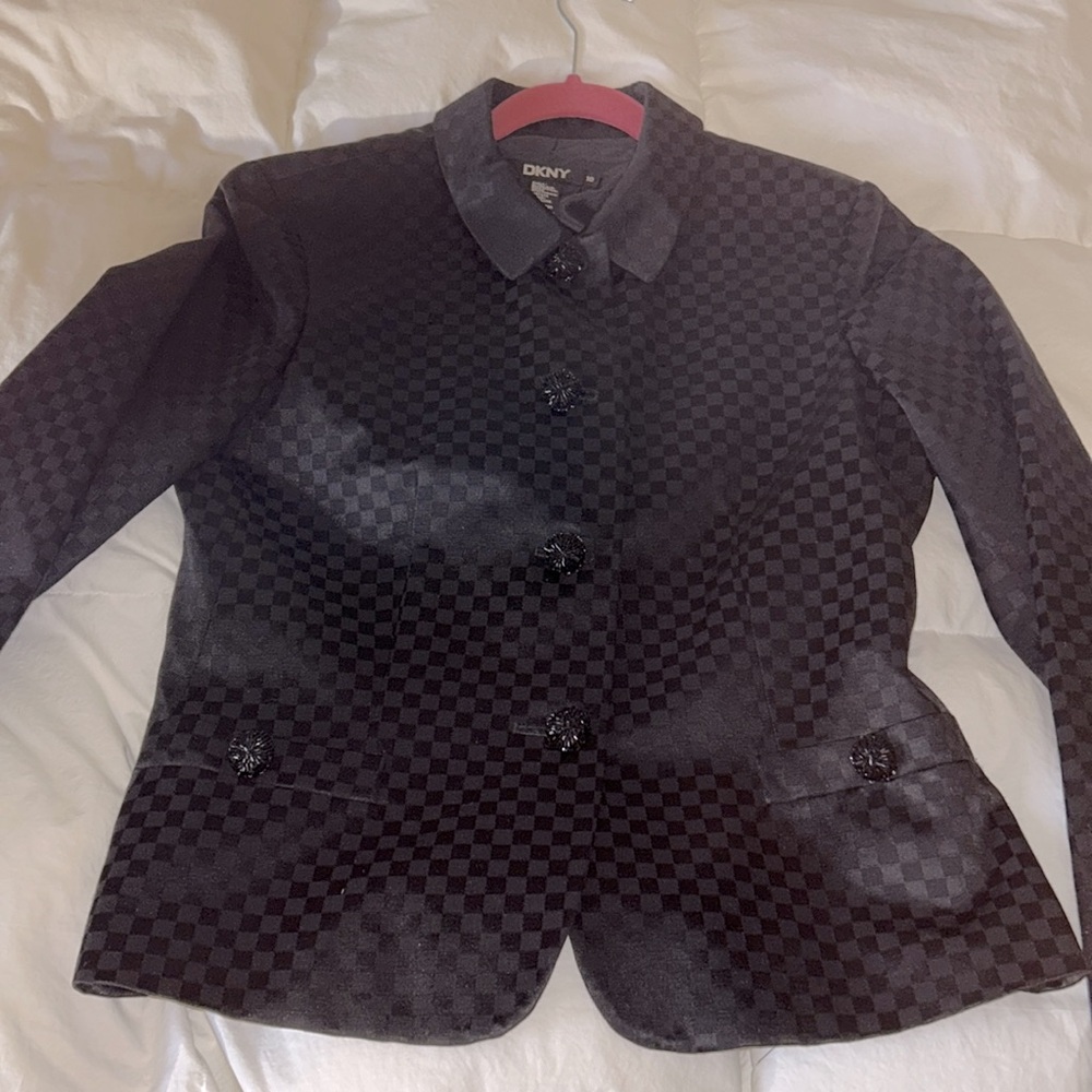 DKNY Black Checkboard Jacket Size 10. Exquisite cuff slits & beaded buttons.NWOT